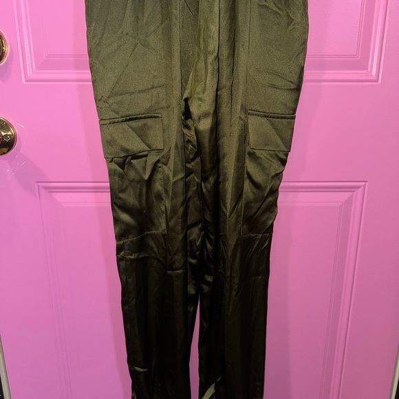 BTFBM Satiny Olive Green V-Neck Jumpsuit with Adjustable Straps - Picture 6 of 7